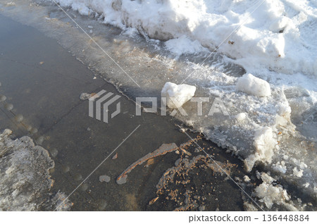 Spring stream, ice and snow, dazzling sunlight, reflection of sky in water Spring stream, ice and snow, dazzling sunlight, reflection of sky in water 136448884