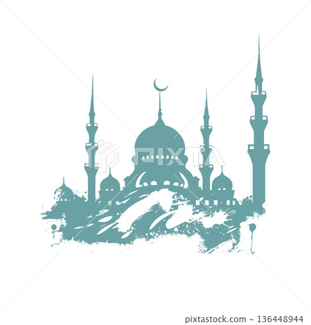 Ramadan monochrome blue symbol mosque. Hand drawn. Not AI, vector illustration. Ramadan monochrome blue symbol mosque. Hand drawn. Not AI, vector illustration. 136448944