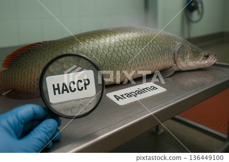 Arapaima  (Arapaima gigas)  HACCP Compliance Verification During Large-Species Freshwater Fish Handling on Stainless Steel Tray in Certified Industrial Seafood Processing Environment 136449100