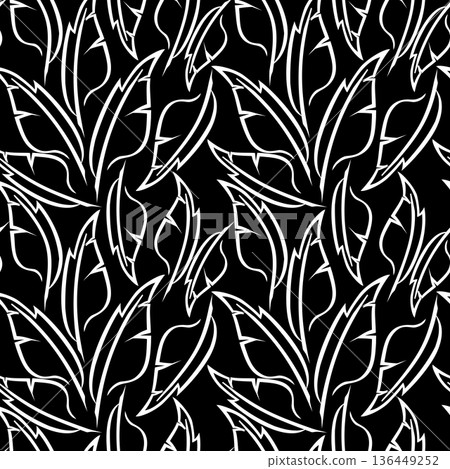 white graphic drawing of stylized feathers on a black background, texture, design 136449252