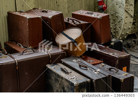 Stacked Vintage Suitcases, Leather Trunks and Hat Boxes, Film Prop Collection Stacked Vintage Suitcases, Leather Trunks and Hat Boxes, Film Prop Collection 136449303