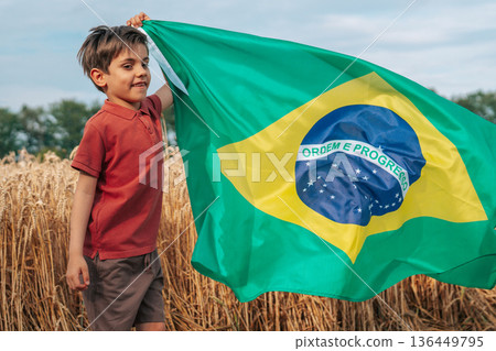 Brazilian Little Kid - Football Fan, Child Patriot With National Flag On Sky  136449795