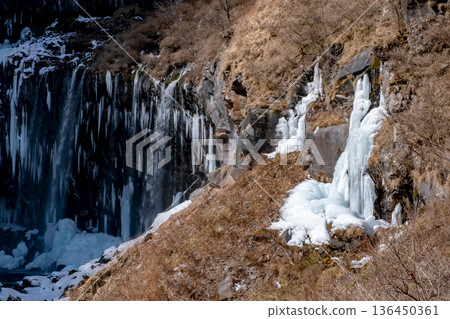 Frozen icicles forming at Kegon Falls in Nikko Frozen icicles forming at Kegon Falls in Nikko 136450361