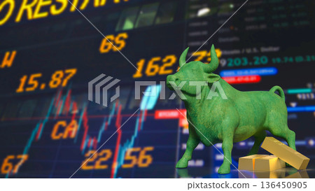 Green Bull Market Symbol With Gold Bars And Rising Stock Chart 3d render. Green Bull Market Symbol With Gold Bars And Rising Stock Chart 3d render. 136450905