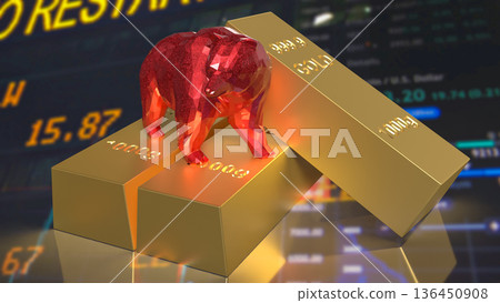 Red Bear Market Symbol On Gold Bars With Falling Stock Chart 3d render. Red Bear Market Symbol On Gold Bars With Falling Stock Chart 3d render. 136450908