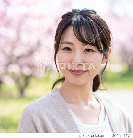 The scene is striking, with a calm expression and a natural appearance in the soft spring sunlight against the backdrop of cherry blossoms in full bloom. 136451147