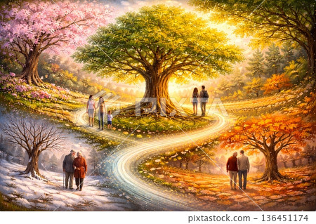 一幅描繪人生四季的插圖，以一棵大樹的四季更迭來象徵。 136451174