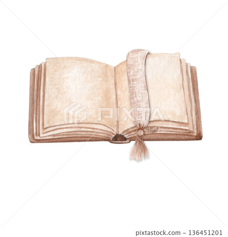 Open book with a bookmark watercolor illustration isolated on white. Hand-painted object copy space for church publications, Bible study materials, sermons, educational content, faith-based designs 136451201