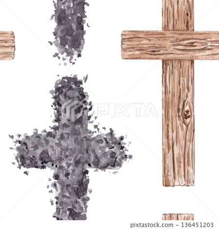 Seamless watercolor pattern with wooden crosses and ash crosses on white background. Hand painted religious repeat suitable for Lent designs, church stationery, wrapping paper, textiles, backgrounds 136451203