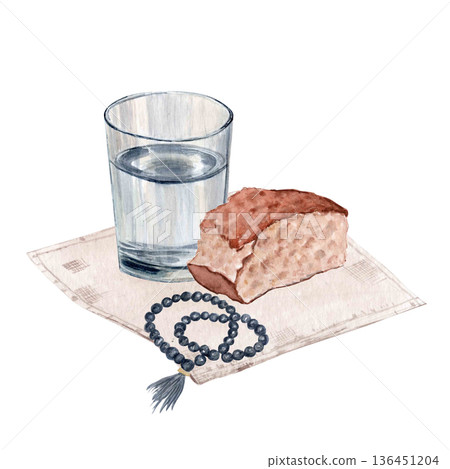 Glass of water, piece of bread and rosary isolated on white. Watercolor illustration for Christian design, church graphics, devotional layouts, spiritual content. Simplicity, purity fasting, Lent 136451204