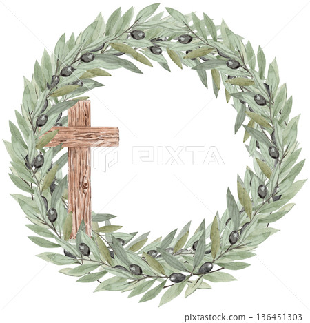 Olive wreath with green leaves, black olives accented by a wooden cross, hand-painted watercolor frame isolated on white background, ideal for Lent, church stationery, invitations, Christian designs 136451303