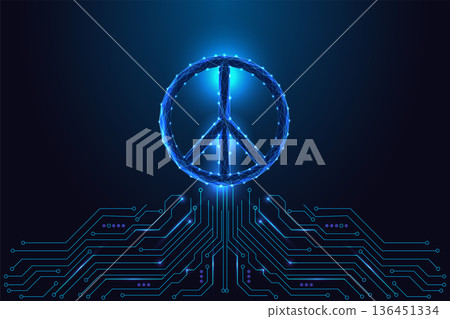 Peace Tech and AI Society Symbol with Glowing Polygonal Sign on Circuit Board, Vector Illustration Peace Tech and AI Society Symbol with Glowing Polygonal Sign on Circuit Board, Vector Illustration 136451334