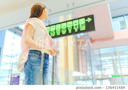 一名女子正在查看機場資訊顯示器。照片由關西國際機場(KIX)提供。 一名女子正在查看機場資訊顯示器。照片由關西國際機場(KIX)提供。 136451484