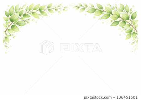 水彩風格綠葉拱形框架自然背景插畫素材 136451501