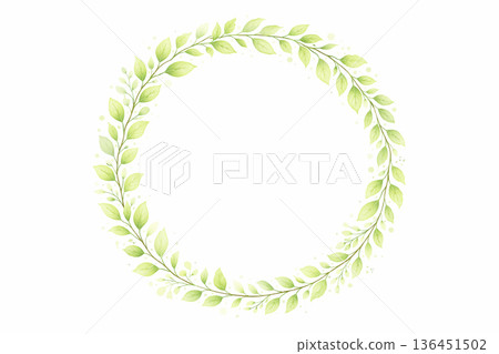 水彩風格綠葉圓形花環自然框背景素材 水彩風格綠葉圓形花環自然框背景素材 136451502