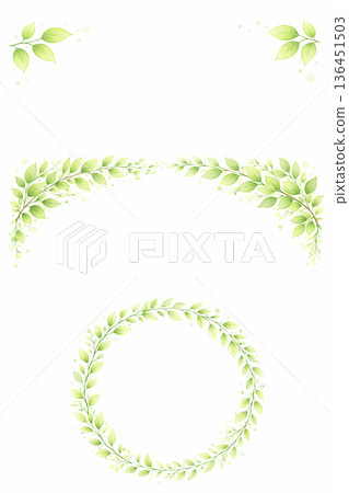 水彩風格綠葉邊框套裝，包含拱形和圓形邊框，以及天然背景素材 136451503