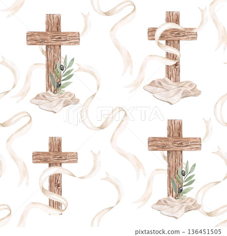 Seamless pattern wooden cross wrapped in ribbon, olive branches and linen cloth, hand-painted watercolor Christian illustration on white background, ideal for fabric, wrapping paper, church stationery 136451505