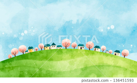 Fantastic watercolor landscape background Copy space expressing rich nature and life 136451593