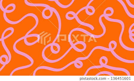Retro One Line Drawing Background with Pink Squiggles on Orange.Vector Illustration 136451601