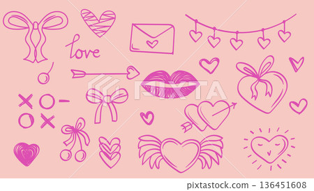 Cute Valentines Day Element Set with Whimsical Bows and Hearts. Vector Illustration 136451608