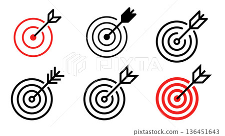 Target with arrow icon set. Arrow hits the target. Archery target with arrow.Vector illustration Target with arrow icon set. Arrow hits the target. Archery target with arrow.Vector illustration 136451643