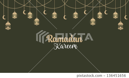Ramadan Kareem Greeting Banner with Hanging Lanterns.Vector Illustration Ramadan Kareem Greeting Banner with Hanging Lanterns.Vector Illustration 136451656