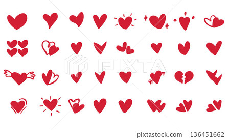 Hand drawn scribble hearts. Painted heart shaped elements for valentines day greeting card. Doodle red love hearts isolated vector icons set. Romantic sticker pack. Hand drawn scribble hearts. Painted heart shaped elements for valentines day greeting card. Doodle red love hearts isolated vector icons set. Romantic sticker pack. 136451662