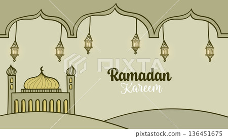 Cute Ramadan Kareem Doodle Illustration with Mosque and Lanterns.Vector Illustration Cute Ramadan Kareem Doodle Illustration with Mosque and Lanterns.Vector Illustration 136451675