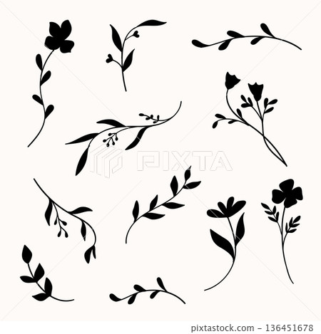 Silhouette Botanical Leaves and Flower Hand Drawn Collection.Vector Illustration Silhouette Botanical Leaves and Flower Hand Drawn Collection.Vector Illustration 136451678