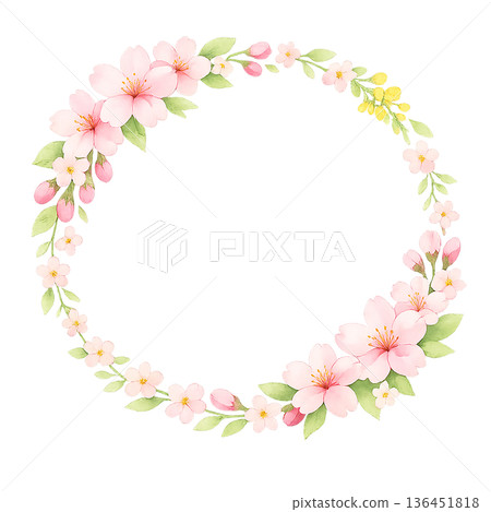 水彩粉紅花卉圓形花環春季PNG摳圖邊框素材 136451818