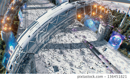 Futuristic city. Sci fi architecture and buildings. Future concept. Flying cars in air. Crowd of peoples. 3d rendering. Futuristic city. Sci fi architecture and buildings. Future concept. Flying cars in air. Crowd of peoples. 3d rendering. 136451821