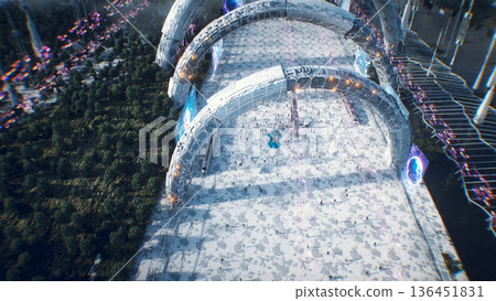 A woman on fly car. Futuristic city. Sci fi architecture and buildings. Future concept. Flying cars in air. 3d rendering. A woman on fly car. Futuristic city. Sci fi architecture and buildings. Future concept. Flying cars in air. 3d rendering. 136451831