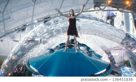 A woman on fly car. Futuristic city. Sci fi architecture and buildings. Future concept. Flying cars in air. 3d rendering. 136451836