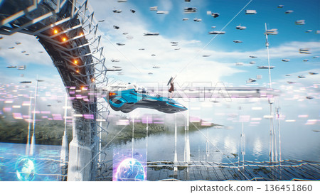 A woman on fly car. Futuristic city. Sci fi architecture and buildings. Future concept. Flying cars in air. 3d rendering. A woman on fly car. Futuristic city. Sci fi architecture and buildings. Future concept. Flying cars in air. 3d rendering. 136451860
