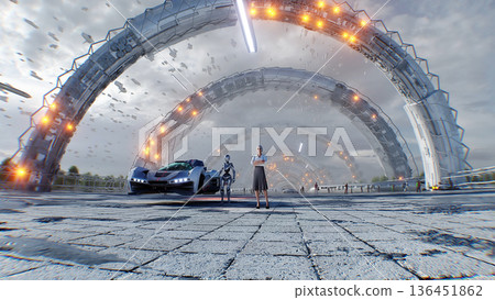A woman and futuristic city. Sci fi architecture and buildings. Future concept. Flying cars in air. 3d rendering. 136451862