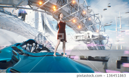 A woman on fly car. Futuristic city. Sci fi architecture and buildings. Future concept. Flying cars in air. 3d rendering. 136451863