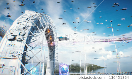 A woman on fly car. Futuristic city. Sci fi architecture and buildings. Future concept. Flying cars in air. 3d rendering. 136451864