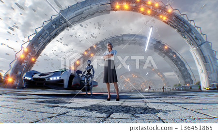 A woman and futuristic city. Sci fi architecture and buildings. Future concept. Flying cars in air. 3d rendering. 136451865