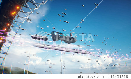 A woman on fly car. Futuristic city. Sci fi architecture and buildings. Future concept. Flying cars in air. 3d rendering. 136451868