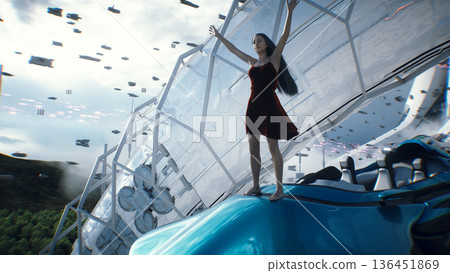 A woman on fly car. Futuristic city. Sci fi architecture and buildings. Future concept. Flying cars in air. 3d rendering. 136451869
