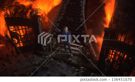 Man in hell. Sinner. A lonely sinfull man stands in front of a hell gates. Hell fire. Religious concept. 3d rendering. 136451870
