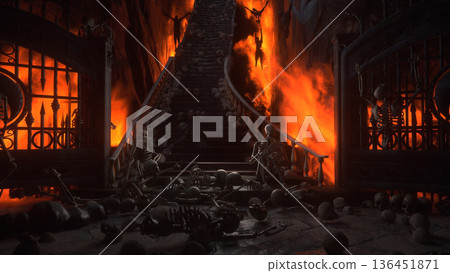 Hell gates. Road to hell fire. Devil portal. Sinner. Religious concept. 3d rendering. 136451871