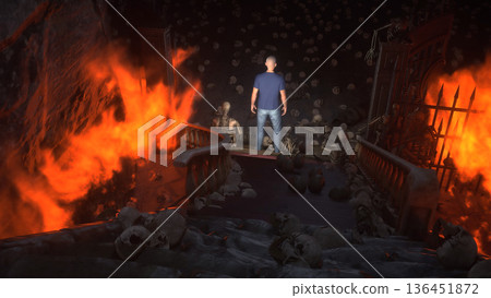 Man in hell. Sinner. A lonely sinfull man stands in front of a hell gates. Hell fire. Religious concept. 3d rendering. 136451872