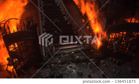Hell gates. Road to hell fire. Devil portal. Sinner. Religious concept. 3d rendering. 136451873