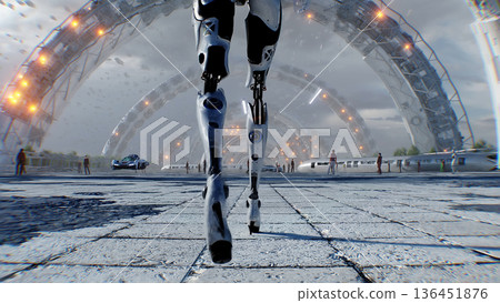 A walking robot and futuristic city. Sci fi architecture and buildings. Future concept. Flying cars in air. 3d rendering. 136451876