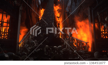 Hell gates. Road to hell fire. Devil portal. Sinner. Religious concept. 3d rendering. 136451877