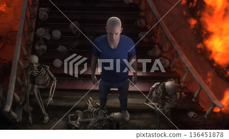 Man in hell. Sinner. A lonely sinfull man stands in front of a hell gates. Hell fire. Religious concept. 3d rendering. 136451878