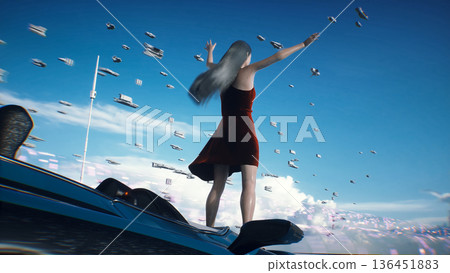 A woman on fly car. Futuristic city. Sci fi architecture and buildings. Future concept. Flying cars in air. 3d rendering. 136451883
