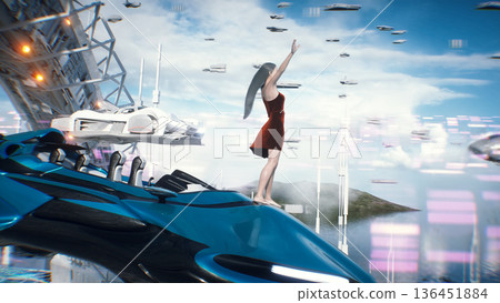 A woman on fly car. Futuristic city. Sci fi architecture and buildings. Future concept. Flying cars in air. 3d rendering. 136451884