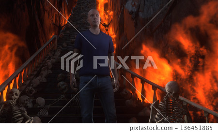 Man in hell. Sinner. A lonely sinfull man stands in front of a hell gates. Hell fire. Religious concept. 3d rendering. 136451885
